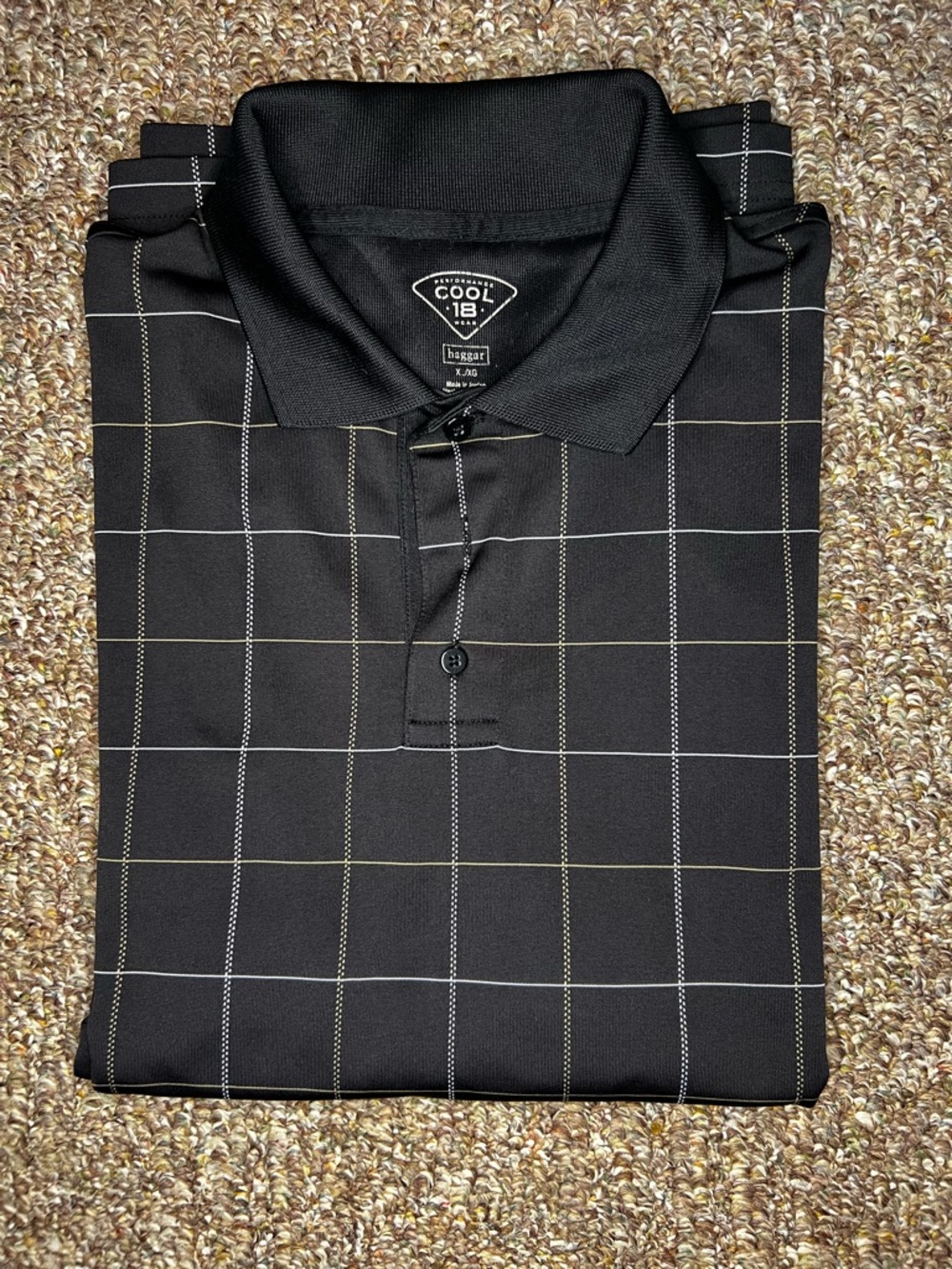 Haggar Black Polo with White and Tan Windowpane Grid
